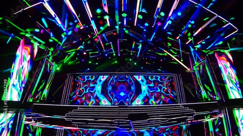 Futuristic concert stage setup with vibrant neon lights, laser beams, and immersive LED screen visuals, representing high-tech entertainment, live music events, electronic festivals, digital art