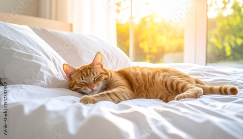 Orange Tabby Cat Sleeping on White Bed in Morning Light