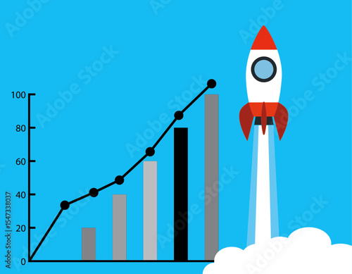 Growth chart with rising bars and a launching rocket, symbolizing rapid progress.