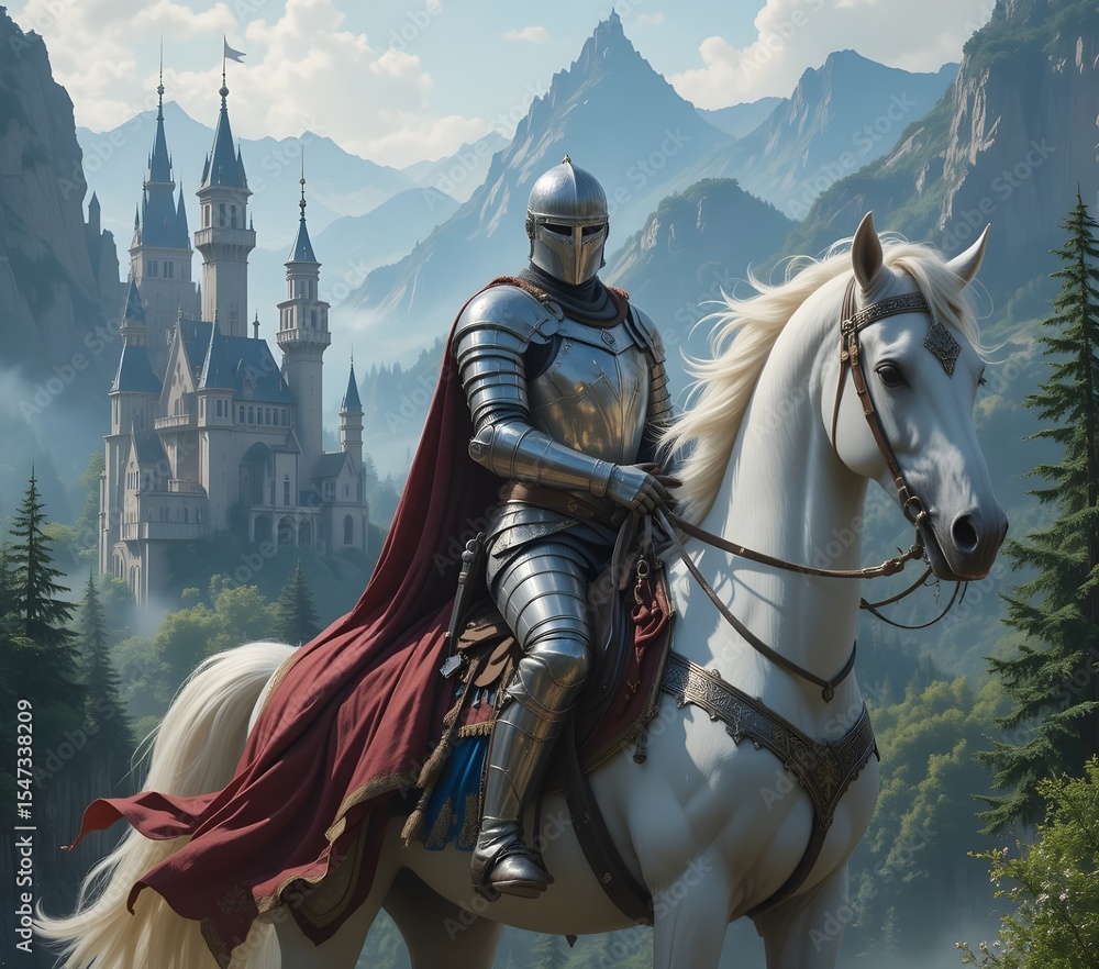 Naklejka premium A medieval knight in shining armor, riding a majestic white horse, with a backdrop of towering castles, misty mountains, and enchanted forests