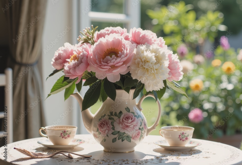 Surprise bouquet of flowers on a breakfast table, creating a warm atmosphere Surprise bouquet of flowers on a breakfast table, creating a warm atmosphere