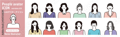 女性アバターアイコン ベクター素材集, イラストセット, (プロフィール/SNS/笑顔/シンプル/上半身/編集可能) 