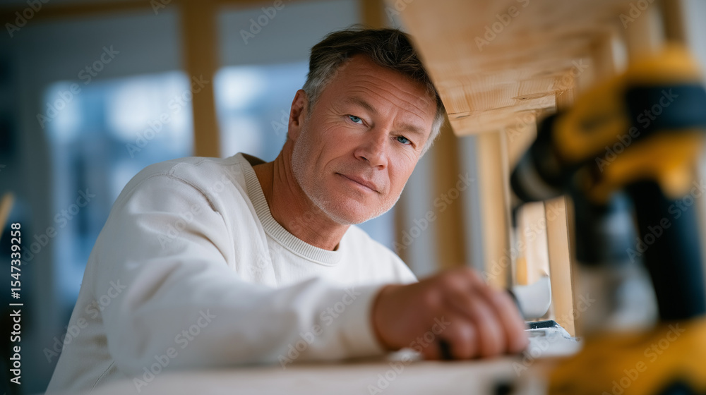 Obraz premium Carpenter Assembling Shelf with Drill and Screws in Natural Light