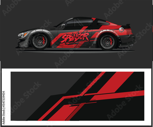 Aggressive Black Sports Car with Red Graphics and Sponsor Decal Design