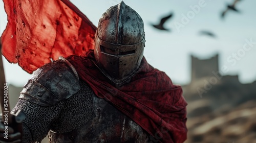A fierce knight clad in armor holds a blood-red flag against a stark landscape, evoking themes of battle, bravery, and honor in a medieval atmosphere of courage and resilience.