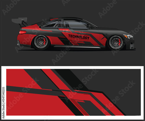 Modern Sports Car with Red and Black Graphic Wrap Design Template