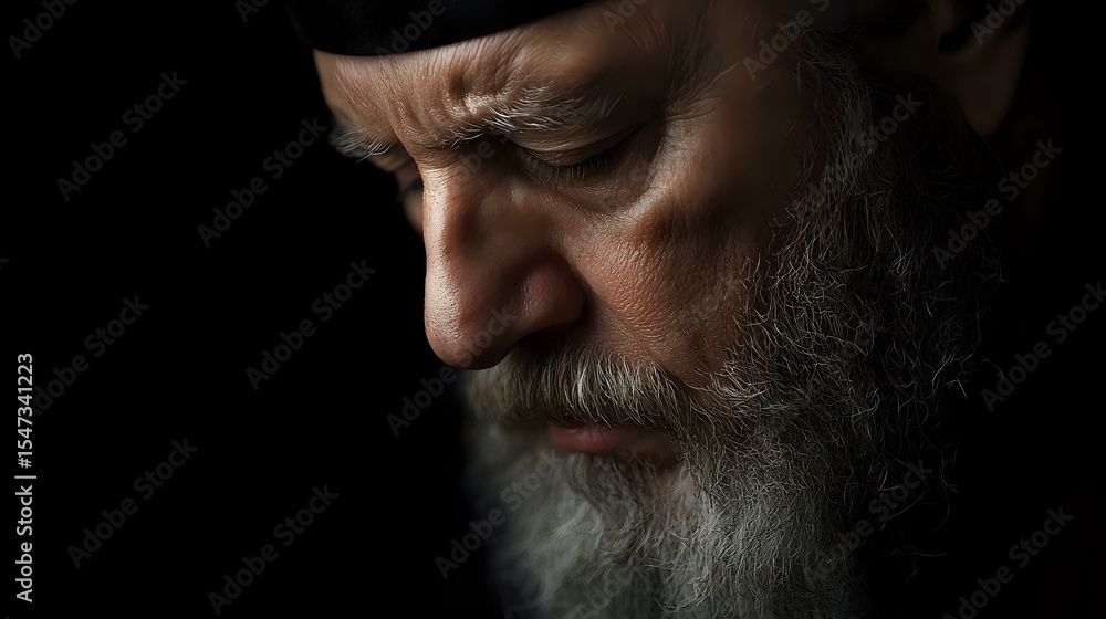 Obraz premium Dramatic side profile portrait of senior bearded man with intense gaze and weathered features against dark background, captured in moody low-key lighting.