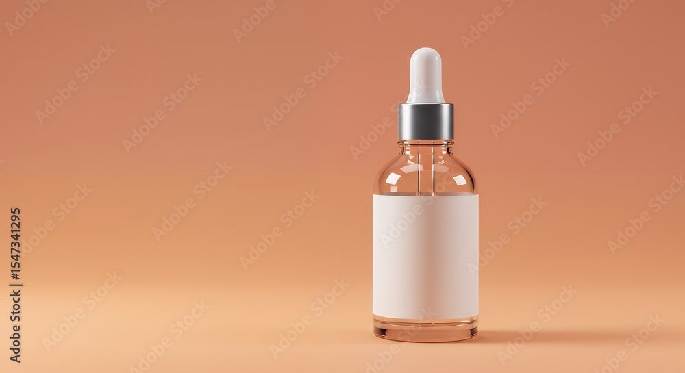 A clear glass dropper bottle mockup on a pastel orange-to-pink gradient surface A clear glass dropper bottle mockup on a pastel orange-to-pink gradient surface