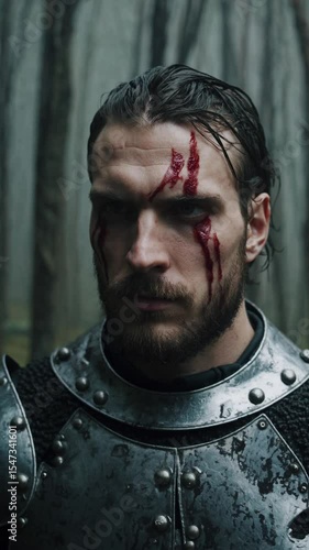 Man wearing armor with facial scars standing in dark forest, symbolizing courage, historical warfare, cinematic storytelling, fantasy realism, and epic medieval drama