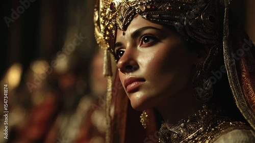 Majestic close-up of Esther, from the book of Esther in the Bible, from the adorned in golden attire and a crown, captured in dramatic lighting, evoking a sense of reverence and grandeur.