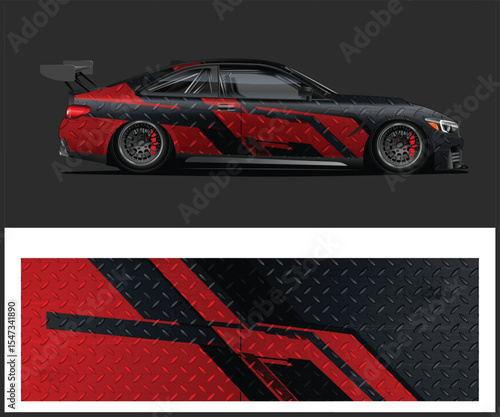 Sleek Racing Car with a Bold Red and Black Diamond Plate Wrap Design
