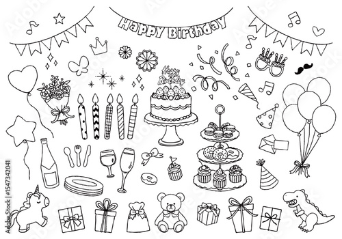 誕生日パーティーイラストセット　手描き白黒線画
