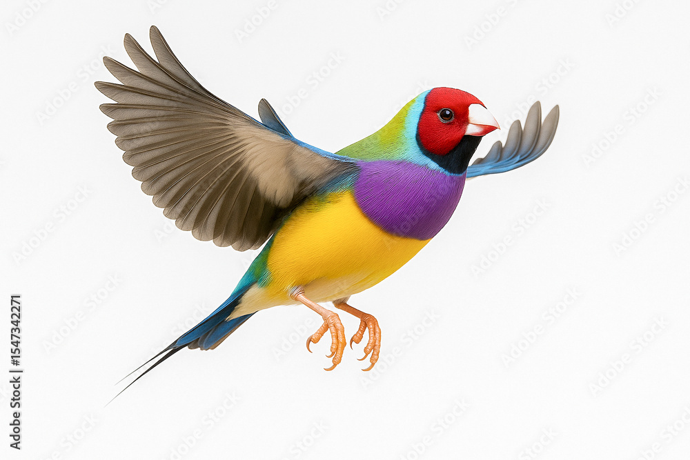 Obraz premium Colorful Gouldian Finch Flying with Open Wings Isolated on Clean White Background.