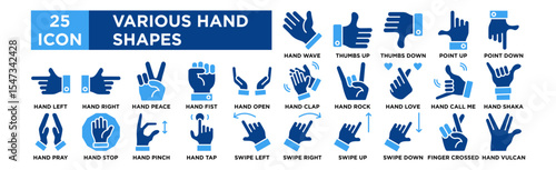 various hand shapes icon collection set. Hand Wave, Hand Thumbs Up, Hand Thumbs Down, Hand Point Up, Hand Point Down