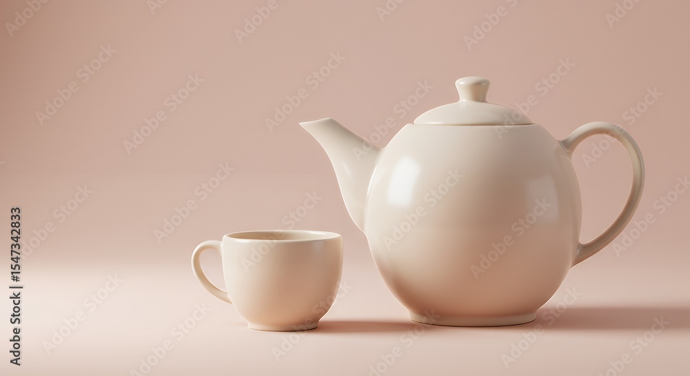 A classic ceramic teapot and cup on a pale pink background A classic ceramic teapot and cup on a pale pink background