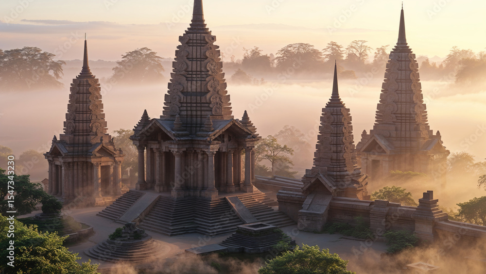 Fototapeta premium Majestic ancient temples emerging from mist during golden hour in a serene landscape