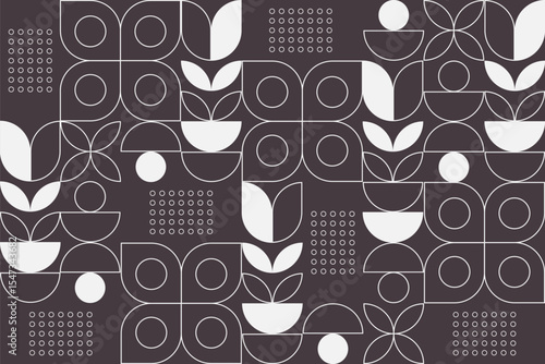 A modern geometric pattern in brown and white, featuring circles, arcs, dots, leaves, and minimalist lines arranged in a clean, abstract, symmetrical layout.