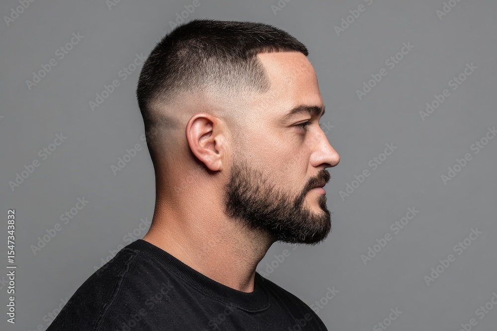 Obraz premium A bearded man who has short hair is positioned in front of a wall that is white