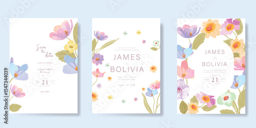 Elegant wedding invitation card background vector. Minimal hand painted watercolor botanical flowers texture template background. Design illustration for wedding, vip cover, poster, rsvp modern card. 