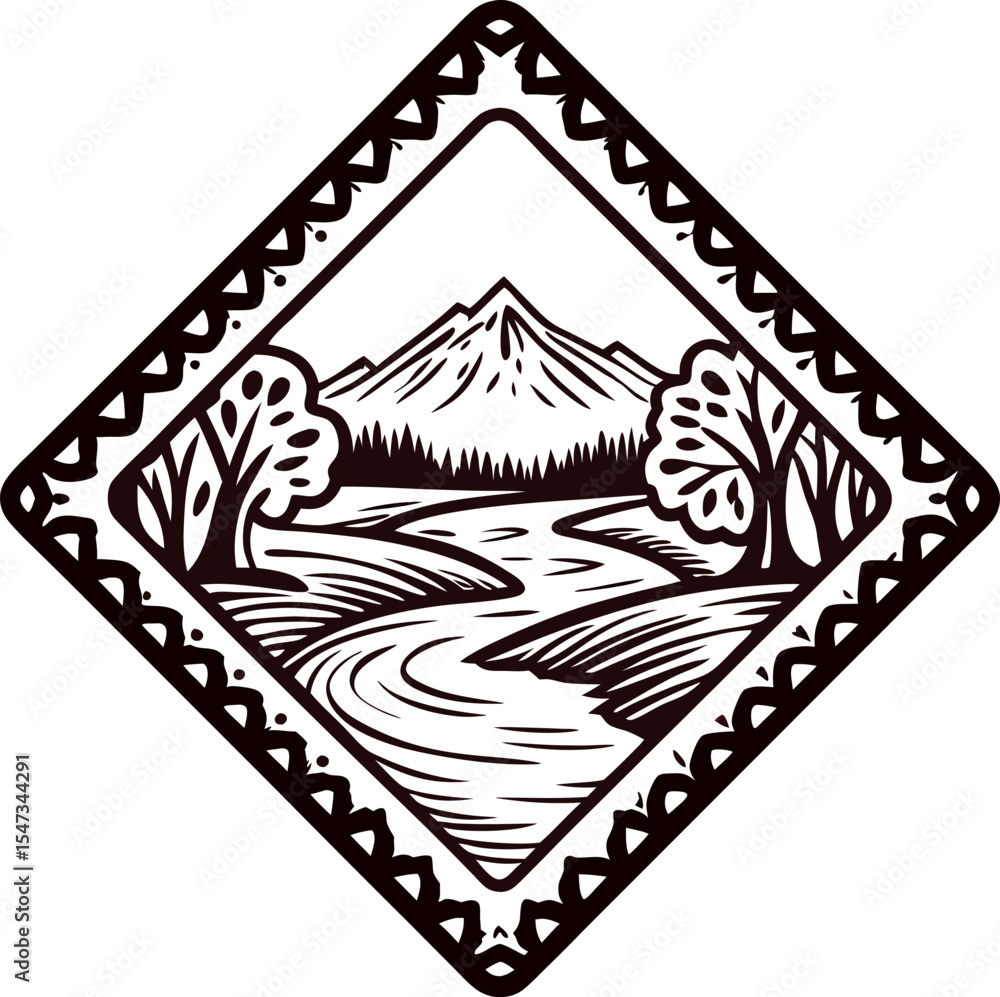 Obraz premium Hand drawn landscape with river trees and mountains in diamond frame vintage engraving