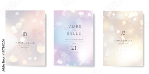 Luxury invitation card design vector set. Elegant wedding card with shining sparkle, blur, bokeh, bubble on light background. Light invitation Design illustration for cover, poster, gala.
