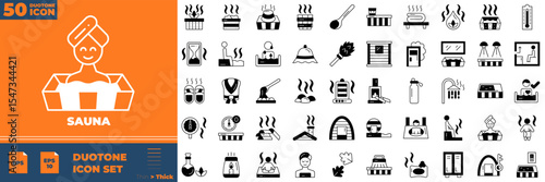 Sauna Duotone Editable Icons set. Vector illustration in modern thin duotone style of sauna icons: steam, wood baptistery, massage, etc