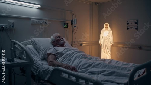 Elderly man lying in hospital bed being visited by glowing spiritual figure of Jesus, symbolizing divine presence at the end of life, spiritual comfort, faith, salvation, afterlife, hope in illness