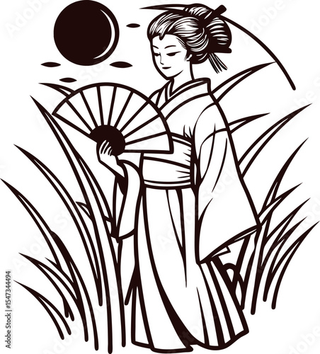 Traditional japanese woman in kimono holding folding fan, standing among tall grass with sun and leaves illustration