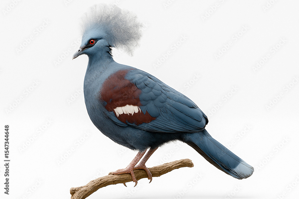 Fototapeta premium Elegant blue crested bird with dark plumage perched on wooden branch against plain background.