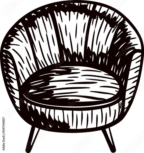 Hand drawn mid century modern armchair vintage sketch illustration of round cushioned lounge chair with wooden legs