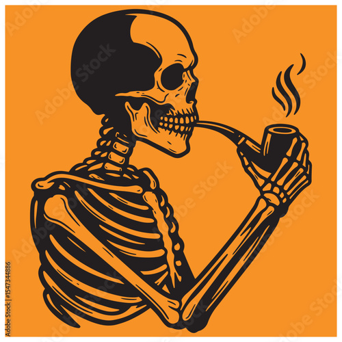 A vector illustration of a skeleton smoking a pipe on a vivid orange background