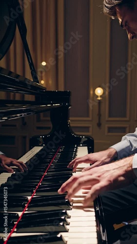 Close-up of pianist’s hands performing on grand piano during live classical music concert, symbolizing fine arts, musical talent, professional musician, and refined artistic expression