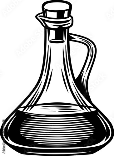 Hand drawn glass cruet filled with liquid vintage black and white etched illustration on white background