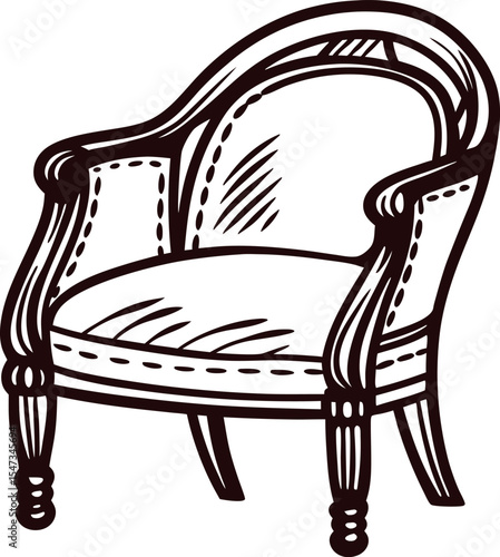 Hand drawn antique armchair isolated vintage upholstered wooden seat illustration with curved arms and legs