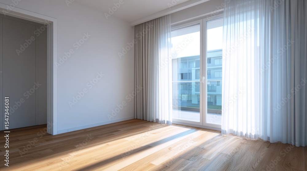 Obraz premium Bright, modern empty room with wooden floor and large windows showcasing an outdoor view