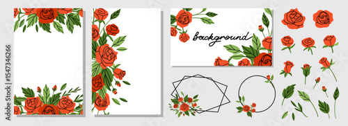 Rose background. Red flowers and green leaves. Decorative banner, spring summer elegant vertical poster. Bouquet with blossoms. Botanical decoration flyer. Vector cartoon flat isolated illustration