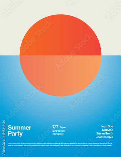 Summer Party Poster Template with Orange Gradient Sunset. Editable Printable Abstract eps10 Vector Illustration.