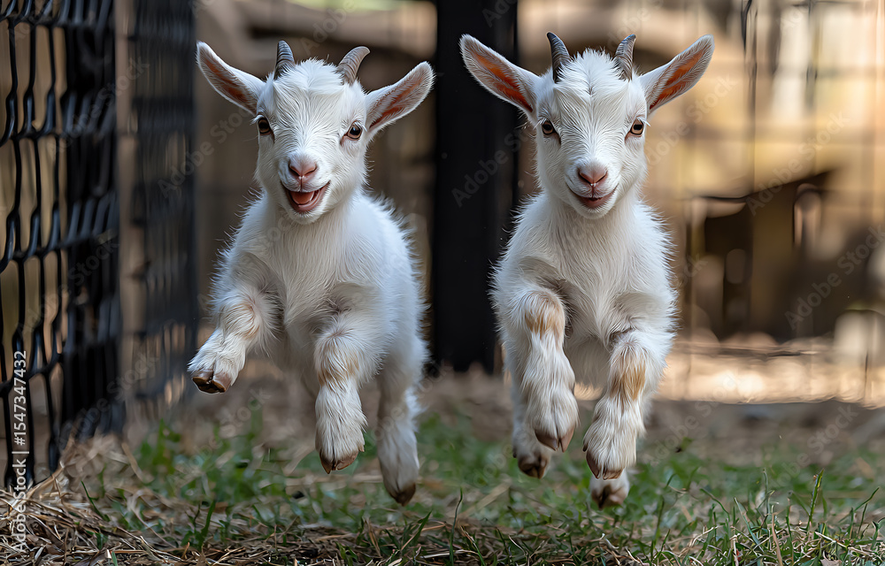 Fototapeta premium Two playful white baby goats jumping together in synchronized motion on farm, showing joyful expressions against natural barn background.