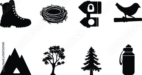 Nature silhouette icon set with hiking boot, trees, mountain, birdwatching gear, bird, and nest on isolated white background