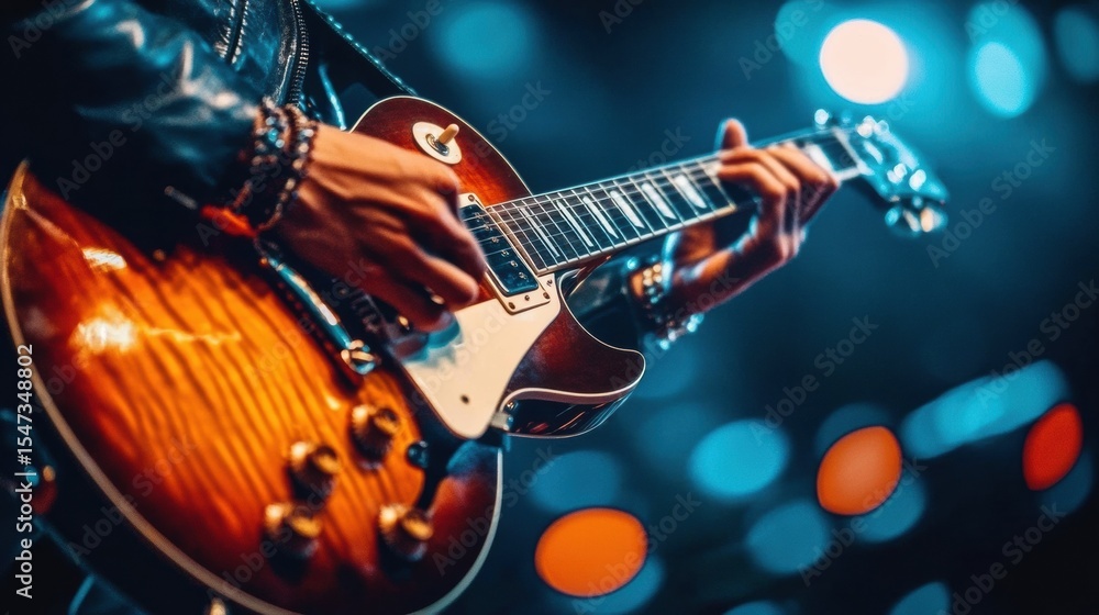 Fototapeta premium Blurred background of guitarist singing on stage at a concert - soft and sings