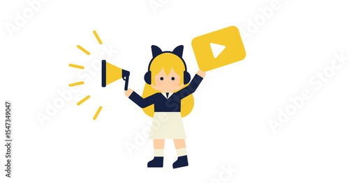 Vtuberが拡声器で動画配信をアピールするイラスト