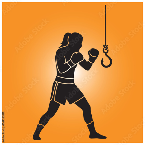 Female boxer silhouette boxing towards a hook concept depicting perseverance and challenge