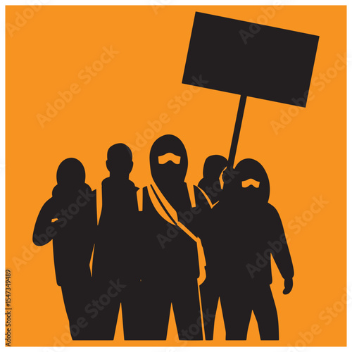 Group of protesters marching with protest sign black silhouettes on orange background