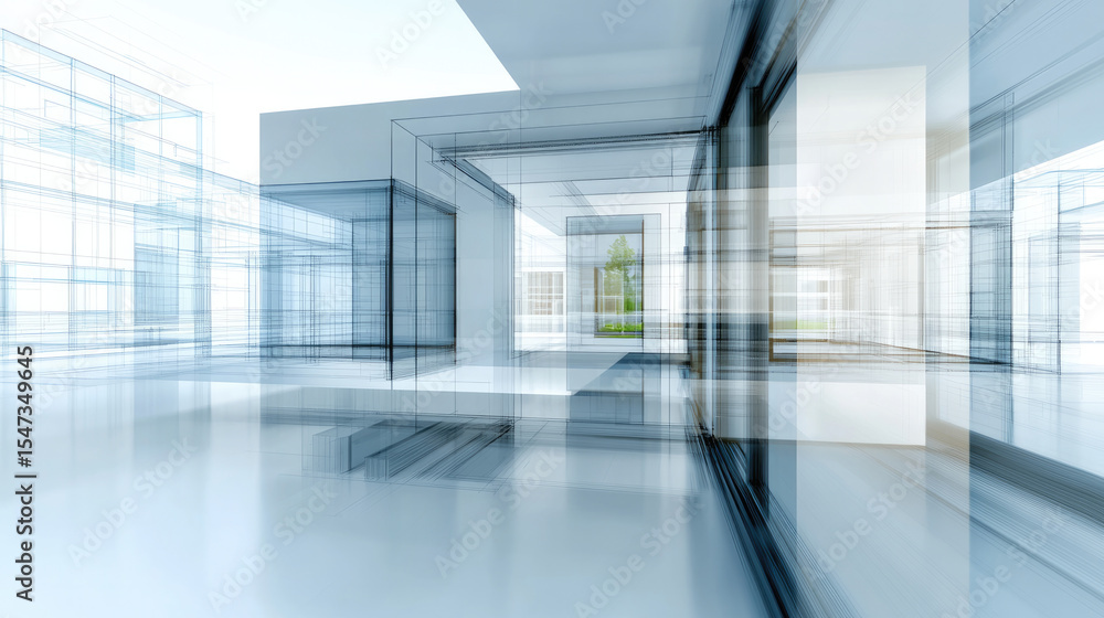Fototapeta premium Modern architecture blueprint layout with transparent digital lines, abstract design, bright interior, futuristic concept