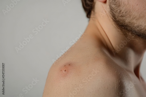 Close-up view of a small skin lesion on a person's shoulder.