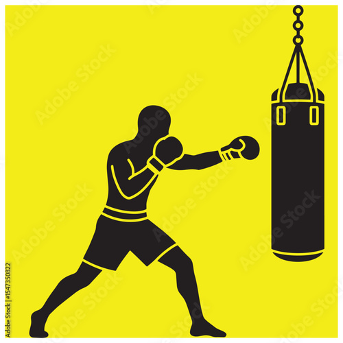 Silhouette boxer practicing punching with a heavy bag isolated on bright yellow background