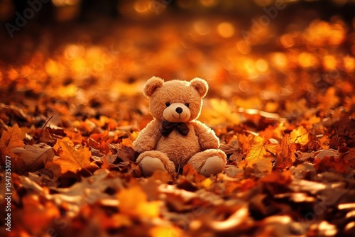 Lonely Teddy Bear Sitting Alone on Autumn Leaves by Bicycle Path Rear view doll autum