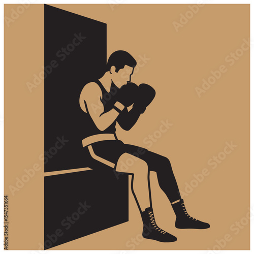 Silhouette of a boxer sitting and resting against wall with boxing gloves and gear