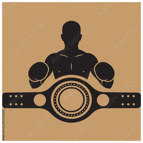 Silhouette of a boxer wearing champion belt vector illustration on brown background