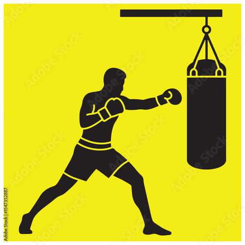 Silhouette of boxer practicing punching the heavy bag in a bold yellow and black design